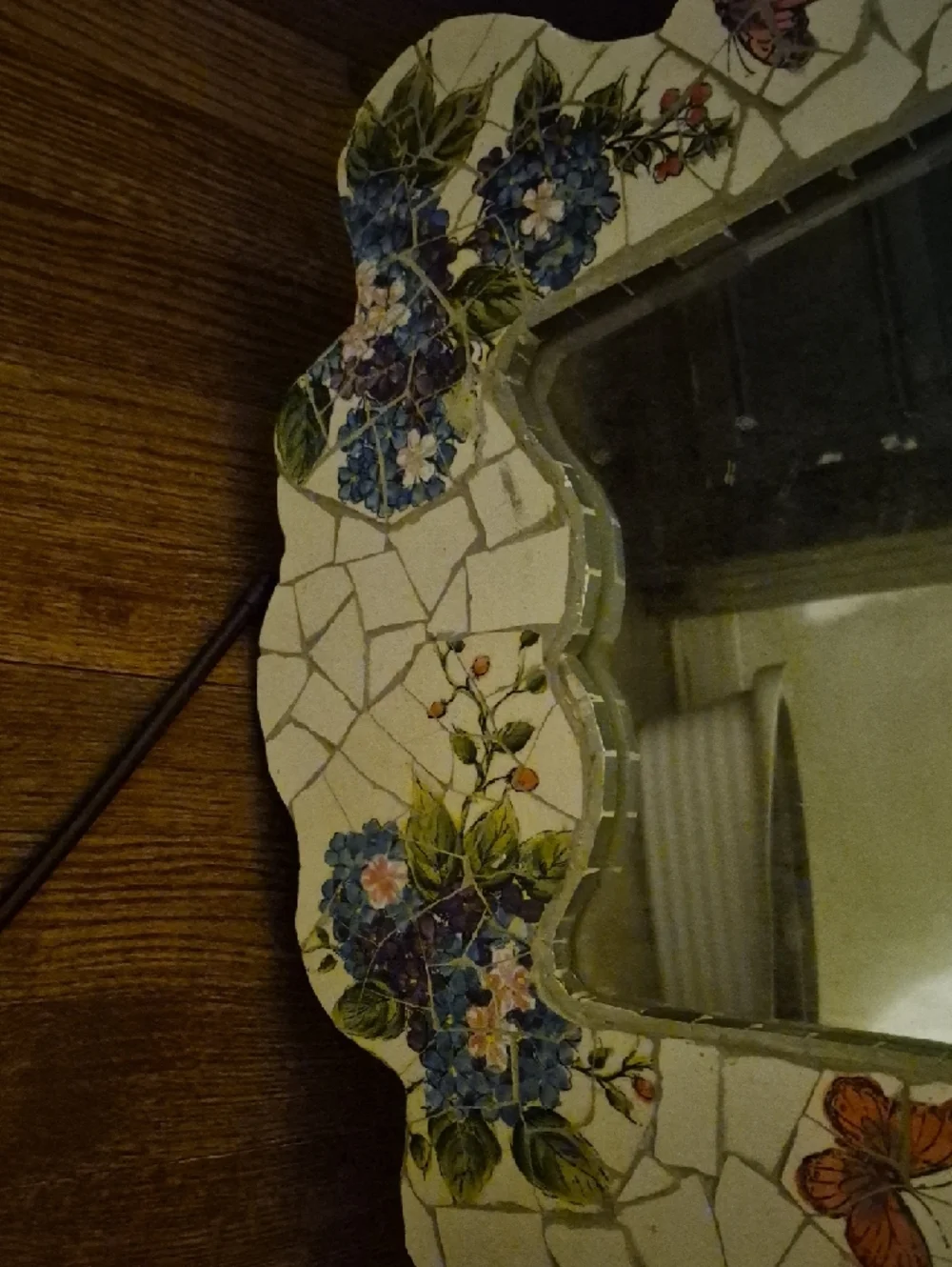 Handmade Mosaic Floral Mirror with Blue Hydrangeas and Butterflies
